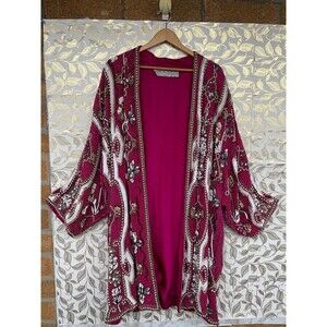 VTG Judith Ann Plus Silk Beaded Kimono Duster Jacket | Pink Maximalist Boho 1X